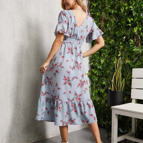 Dust Blue Floral Ruffle Pocket Surplice Dress - 2X - Picture 3 of 7